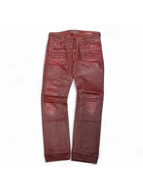 Y2K Guess Moto Biker Waxed Studded Red Slim Straight Jeans